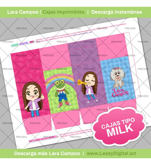 Caja imprimible lara campos tipo milk cajita de leche