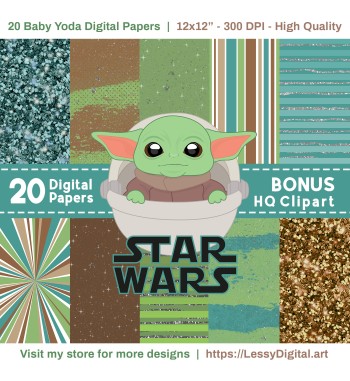 Baby Yoda Digital Papers + Bonus Clipart - Star Wars Png bundle clip art background fondos illustration