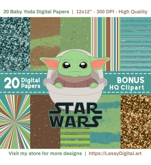 Baby Yoda Digital Papers + Bonus Clipart - Star Wars Png bundle clip art background fondos illustration