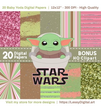 Baby Yoda Digital Papers + Bonus Clipart - Star Wars Png bundle clip art background fondos illustration