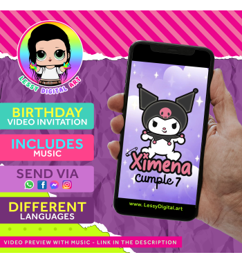 Kuromi video invitation for birthday party, ready in 24 hours. Sanrio hello kitty and friends.